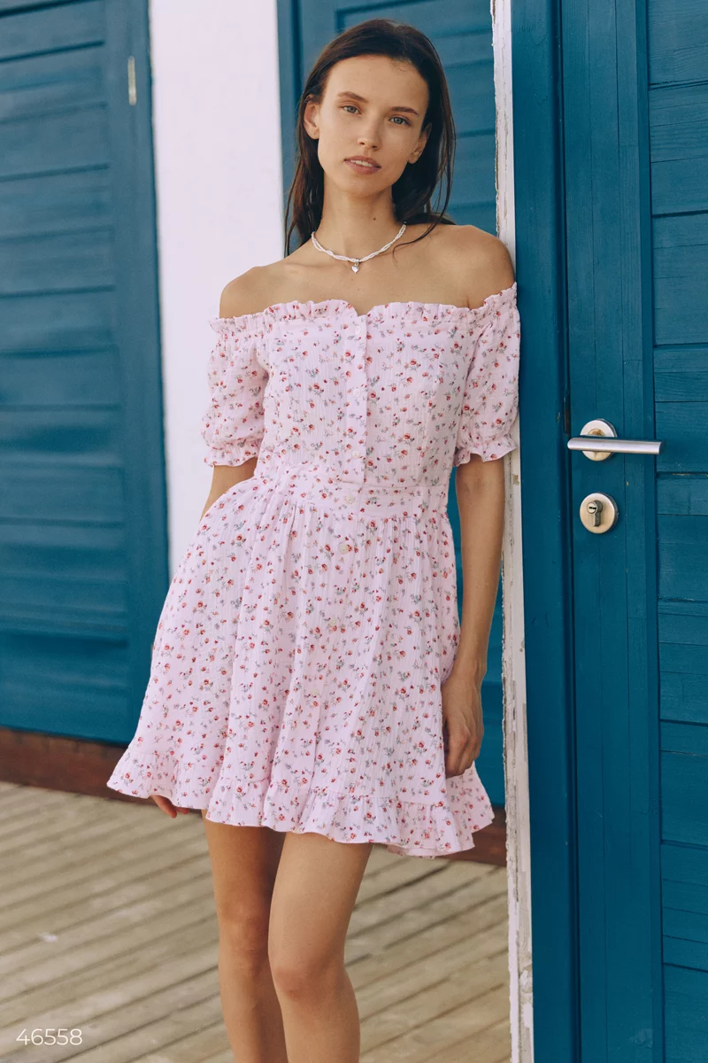 Pink muslin dress with floral print photo 5