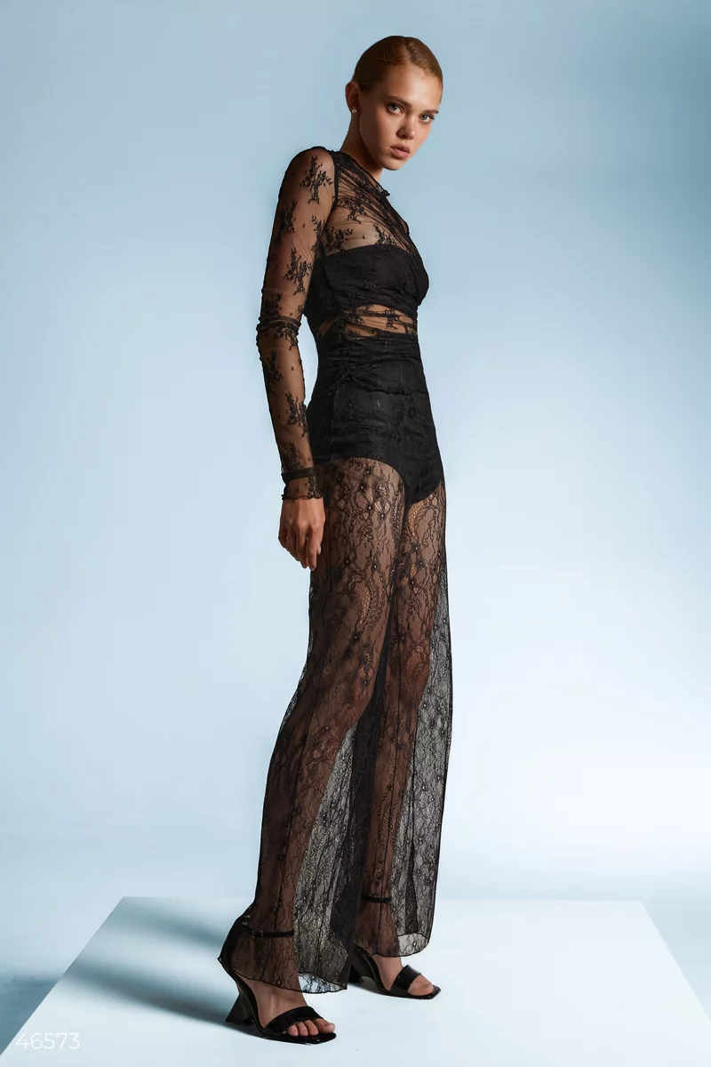 Black straight-cut pants with lace photo 2
