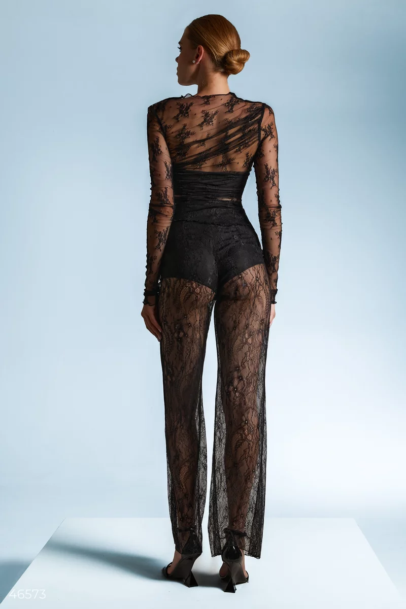 Black straight-cut pants with lace photo 4