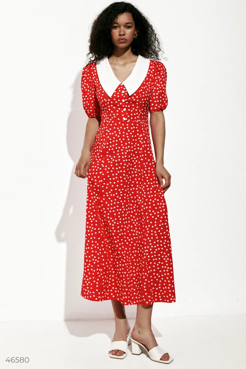 Red midi dress with a pea print photo 1