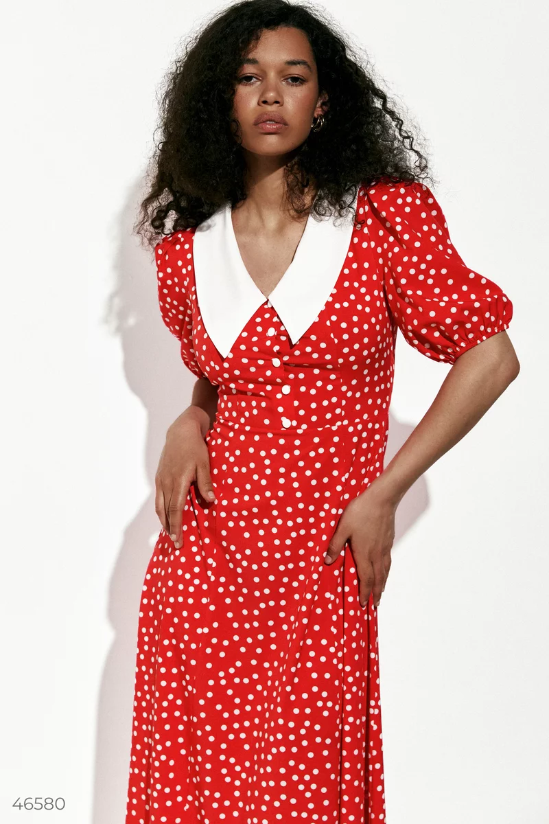 Red midi dress with a pea print photo 2
