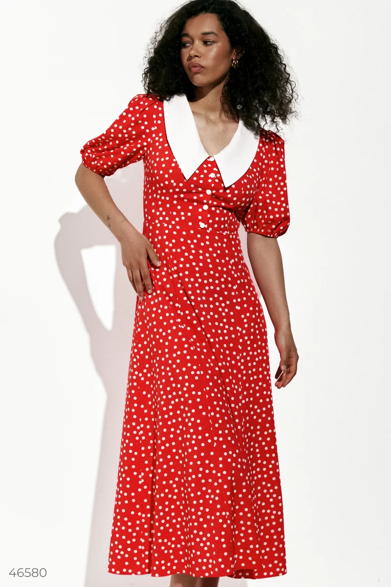 Red midi dress with a pea print photo 3