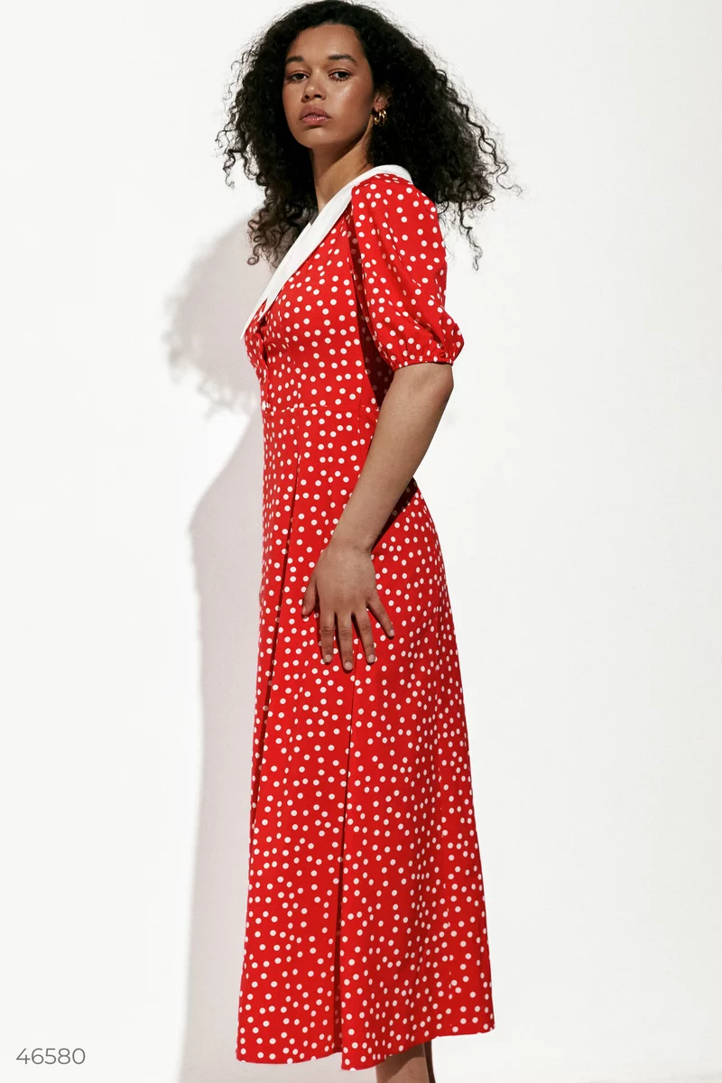 Червона сукня міді з принтом горох фотографія 4