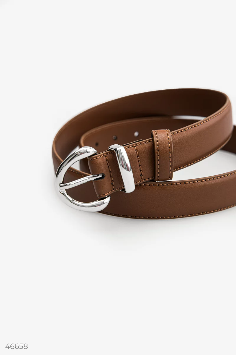Brown leather belt with rounded buckle photo 2