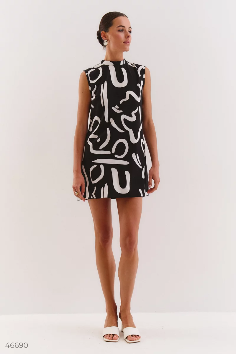 A-line mini dress with a black and white print photo 1