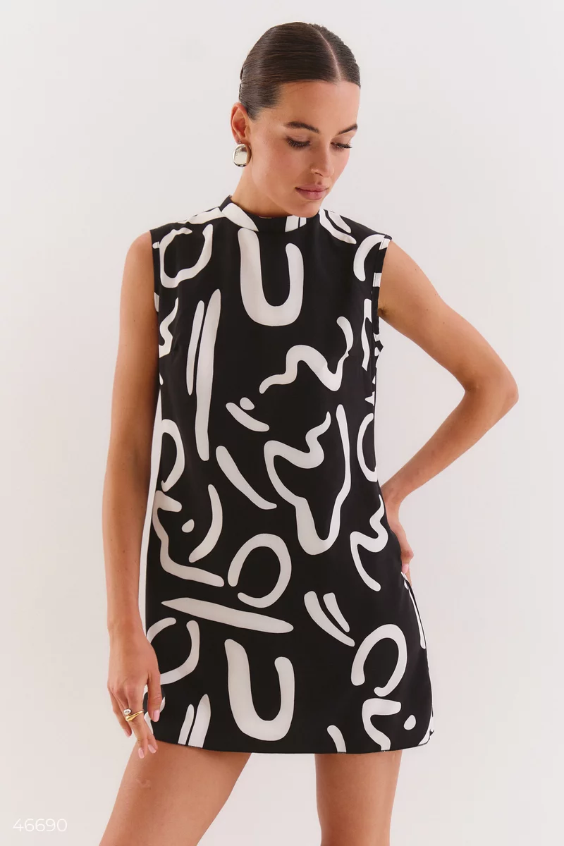 A-line mini dress with a black and white print photo 1