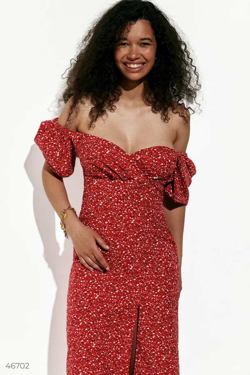 Red midi dress with floral print photo 4