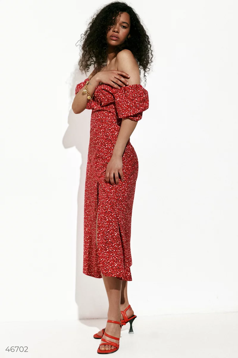 Червона сукня міді з квітковим принтом фотографія 5