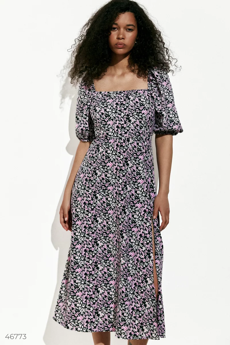 Black midi dress with print and lace-up photo 2