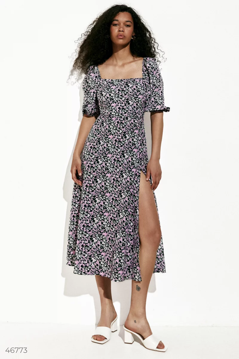 Black midi dress with print and lace-up photo 4