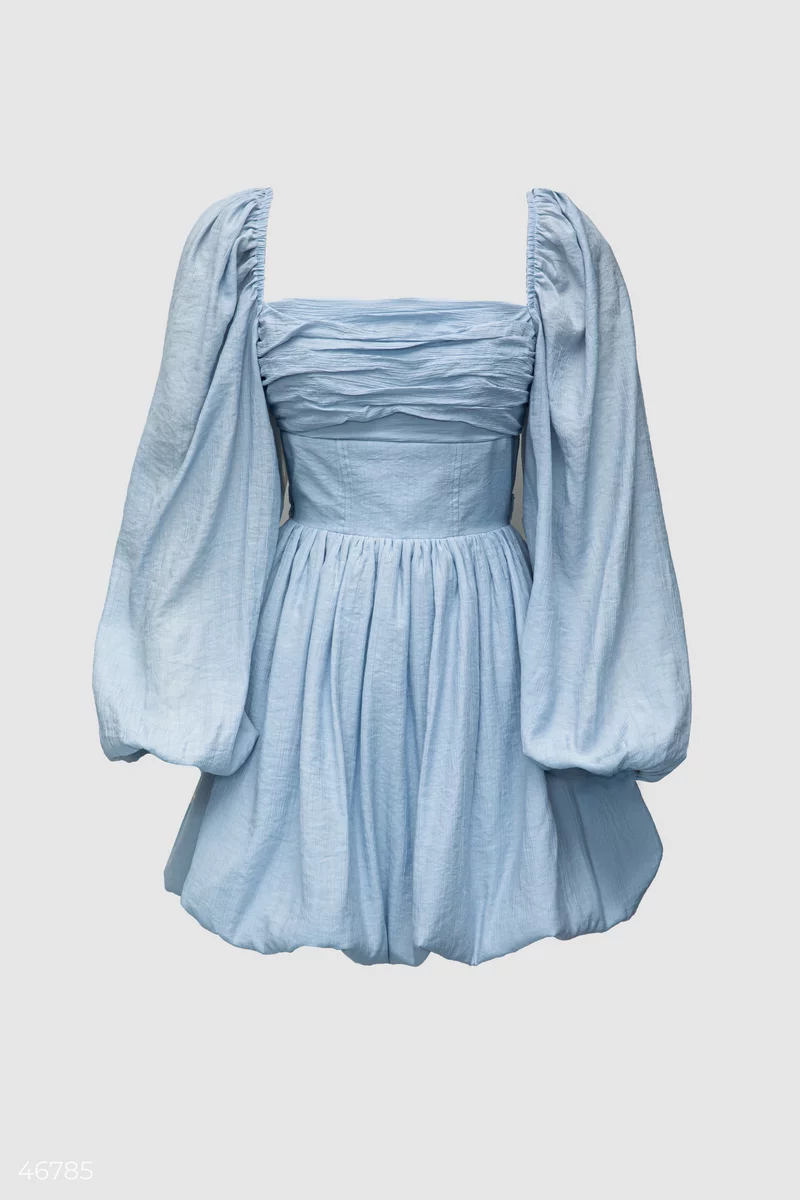 Голубое платье мини с длинными рукавами-фонариками фотография 5