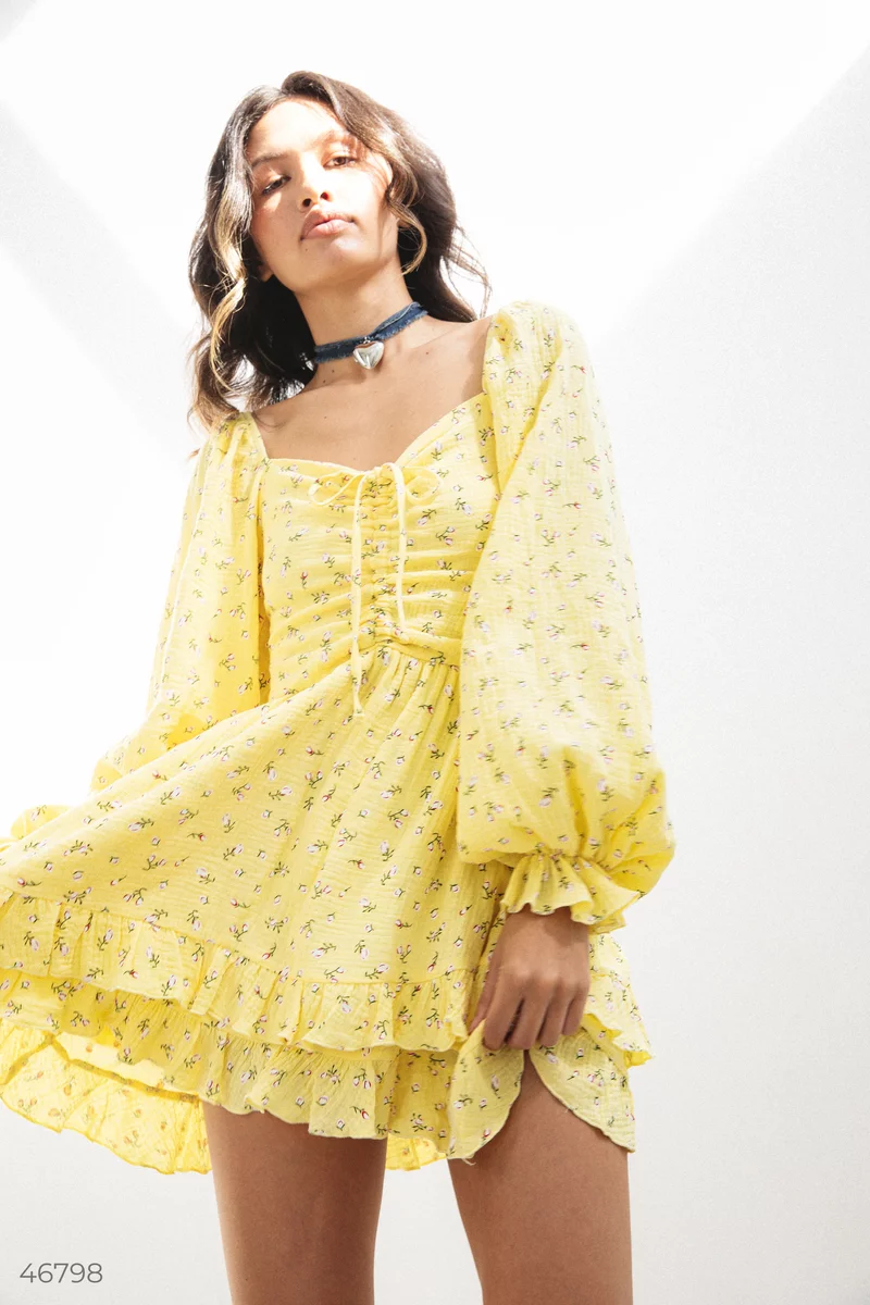 Жовта муслінова сукня міні з рюшами фотографія 1