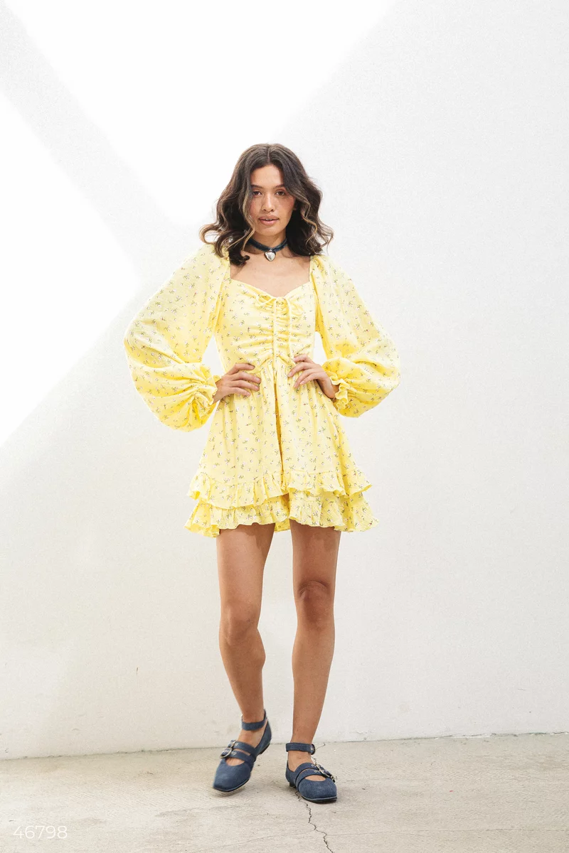 Yellow muslin mini dress with ruffles photo 5