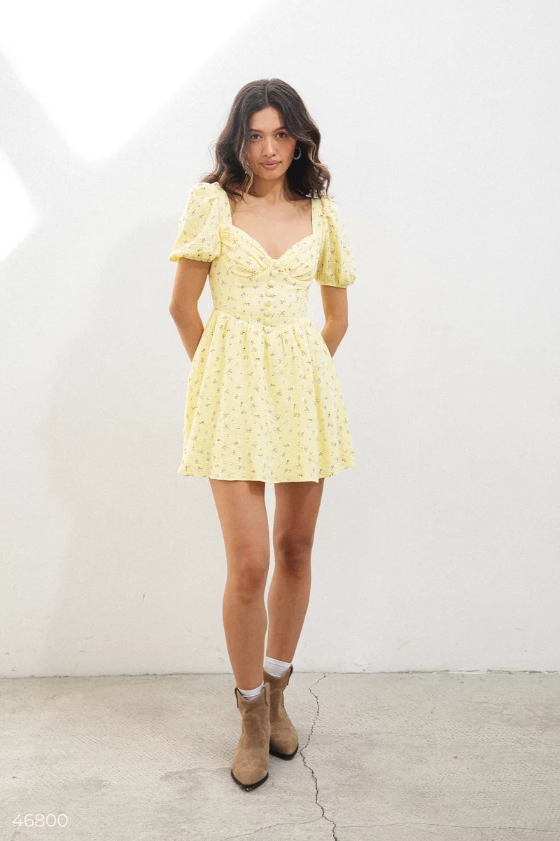 Yellow muslin dress with floral print photo 4