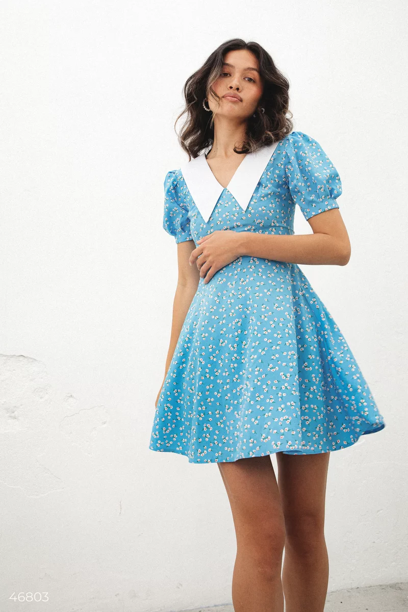Blue mini dress with a collar photo 1