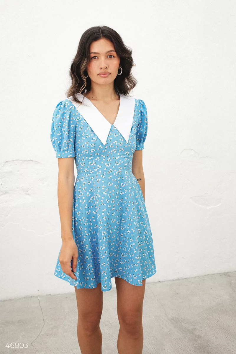 Голубое платье мини с воротником фотография 4