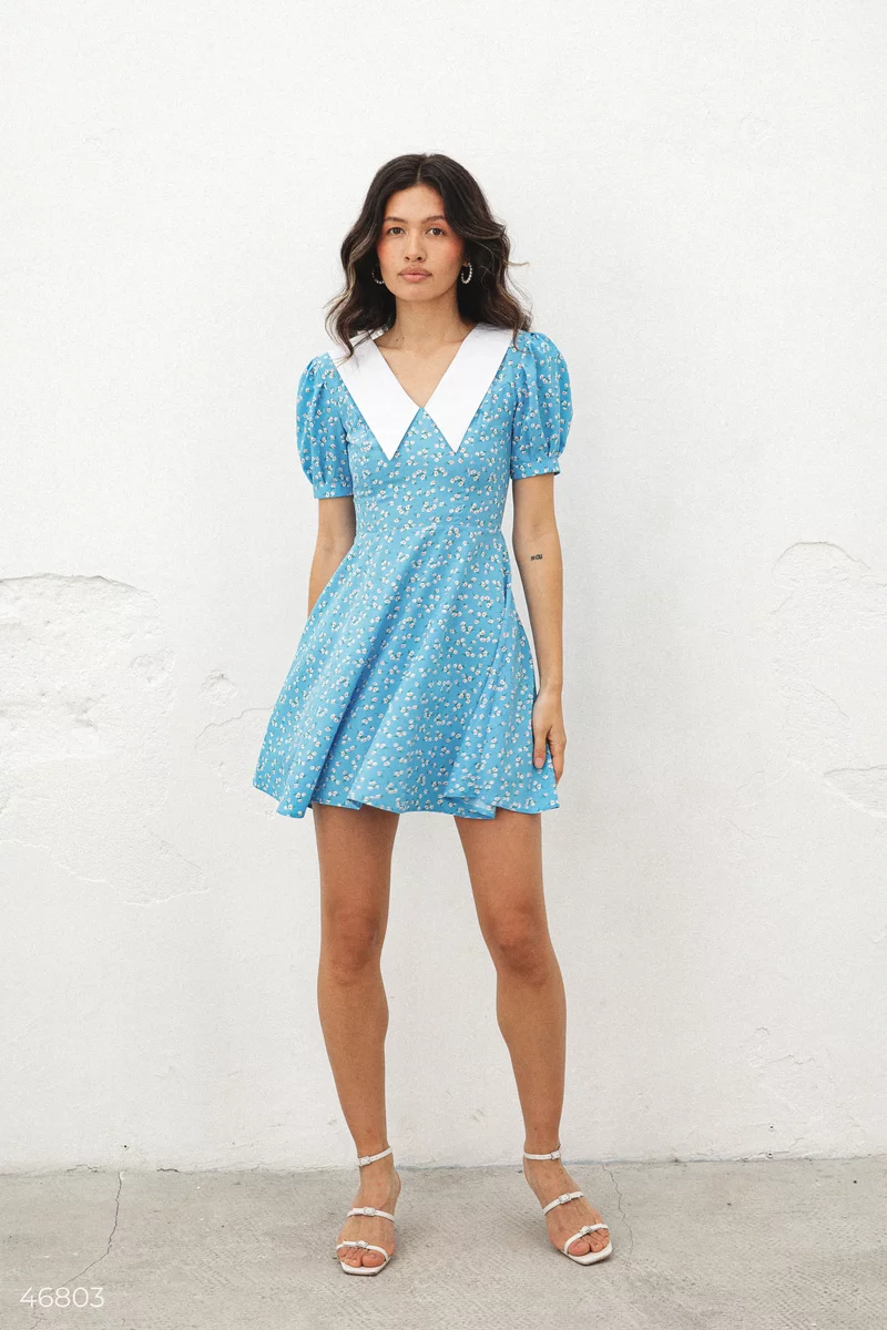 Голубое платье мини с воротником фотография 5
