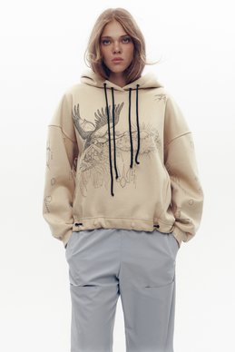 Oversized beige hoodie with Dusha print photo 3