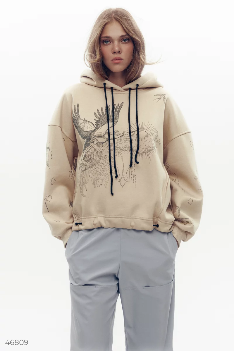 Oversized beige hoodie with Dusha print photo 1