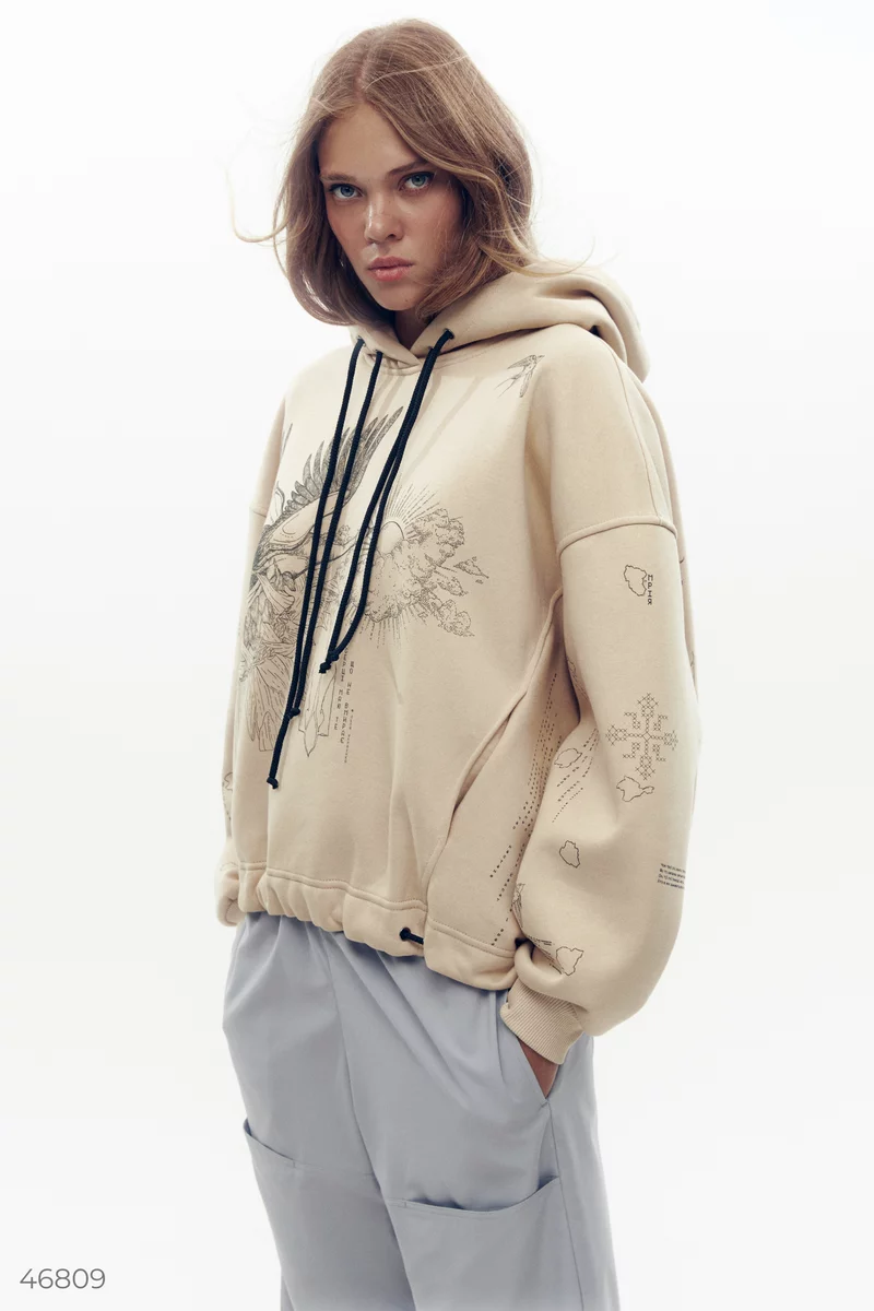 Oversized beige hoodie with Dusha print photo 3