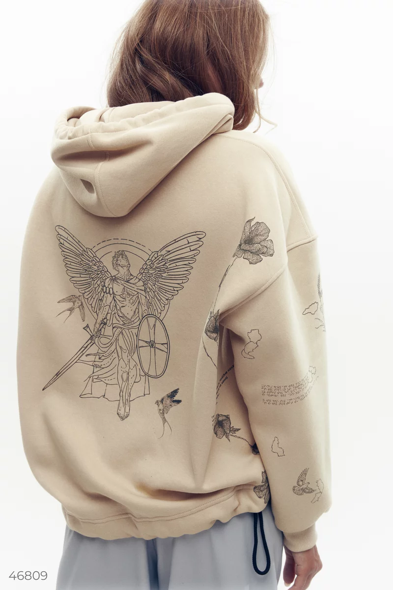 Oversized beige hoodie with Dusha print photo 4