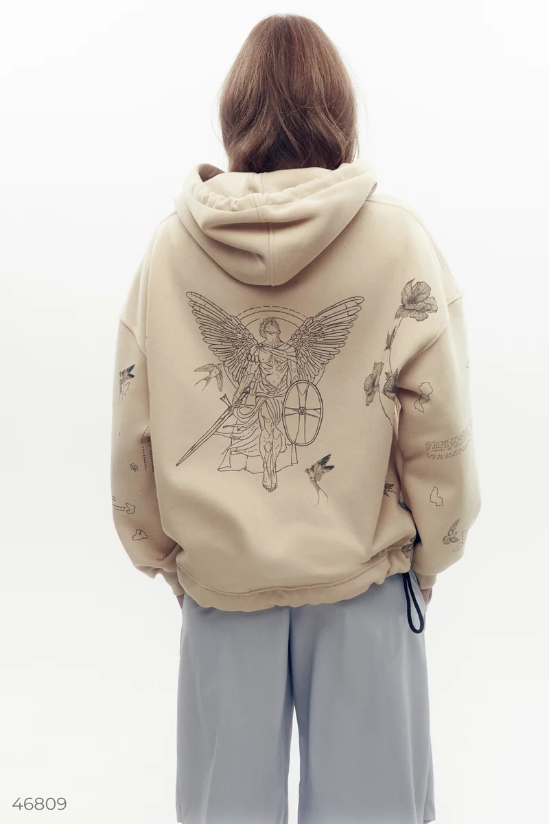 Oversized beige hoodie with Dusha print photo 5