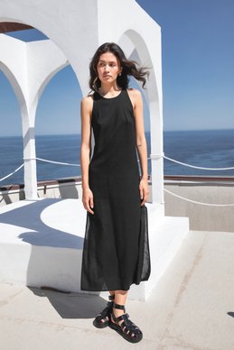 Чорна лляна сукня з розрізами фотографія 1