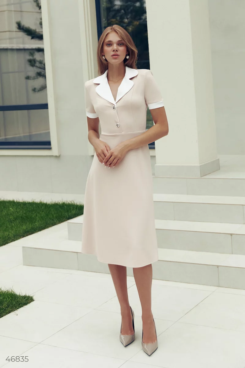 Beige midi dress with a turn-down collar photo 4