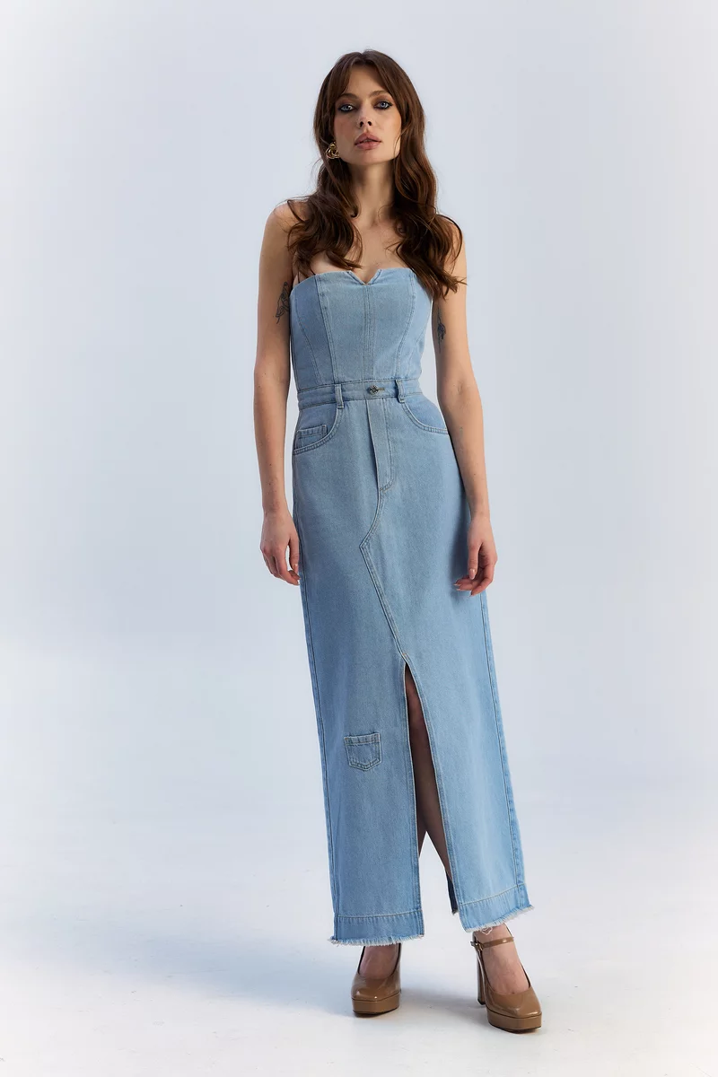 Blue denim maxi dress with slits photo 1