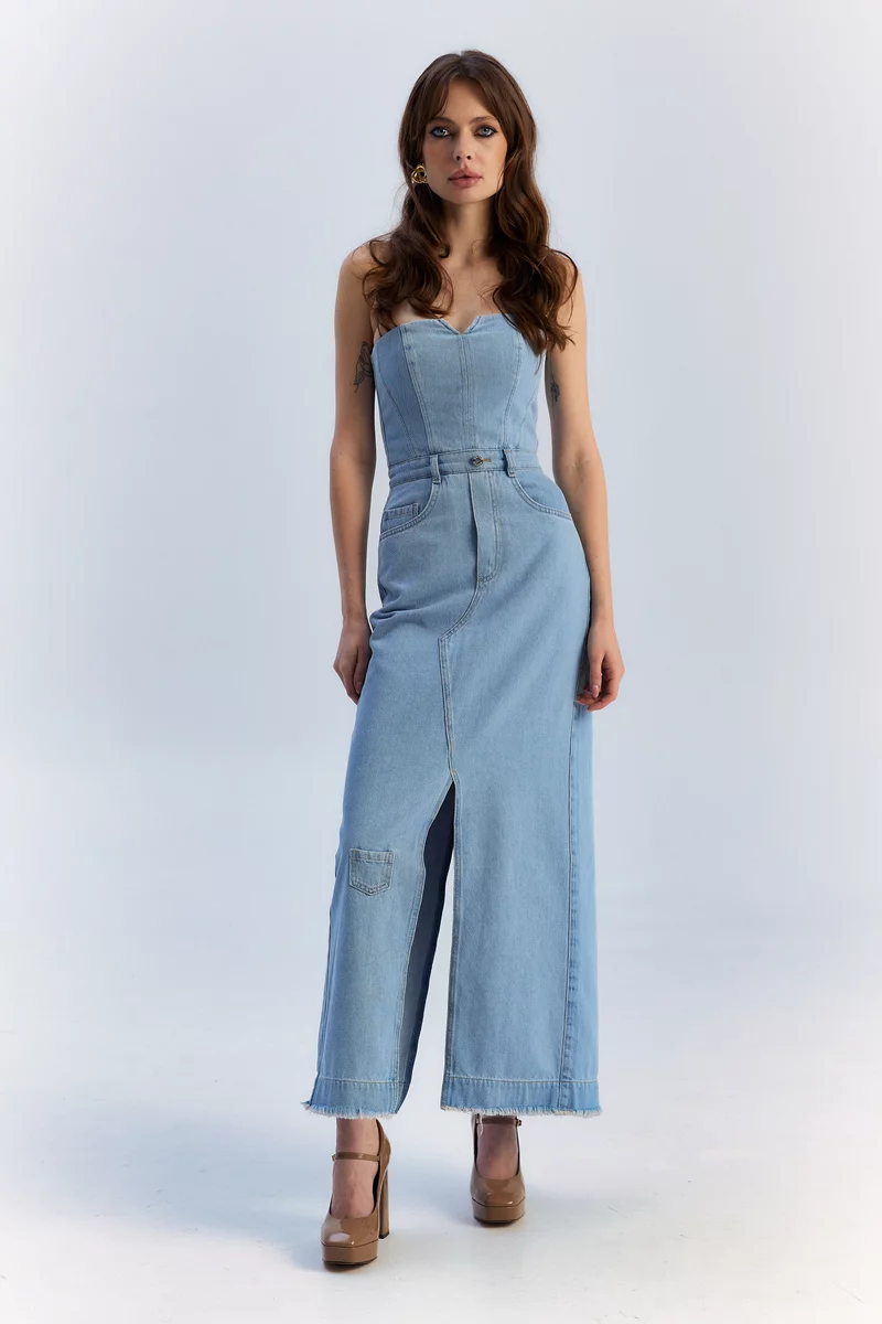 Blue denim maxi dress with slits photo 2