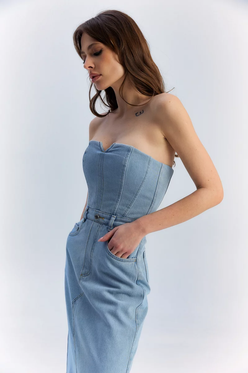 Blue denim maxi dress with slits photo 3