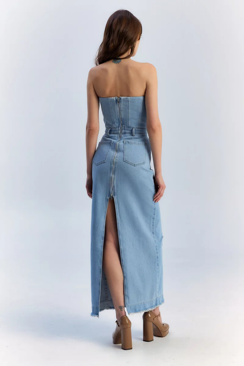 Blue denim maxi dress with slits photo 5