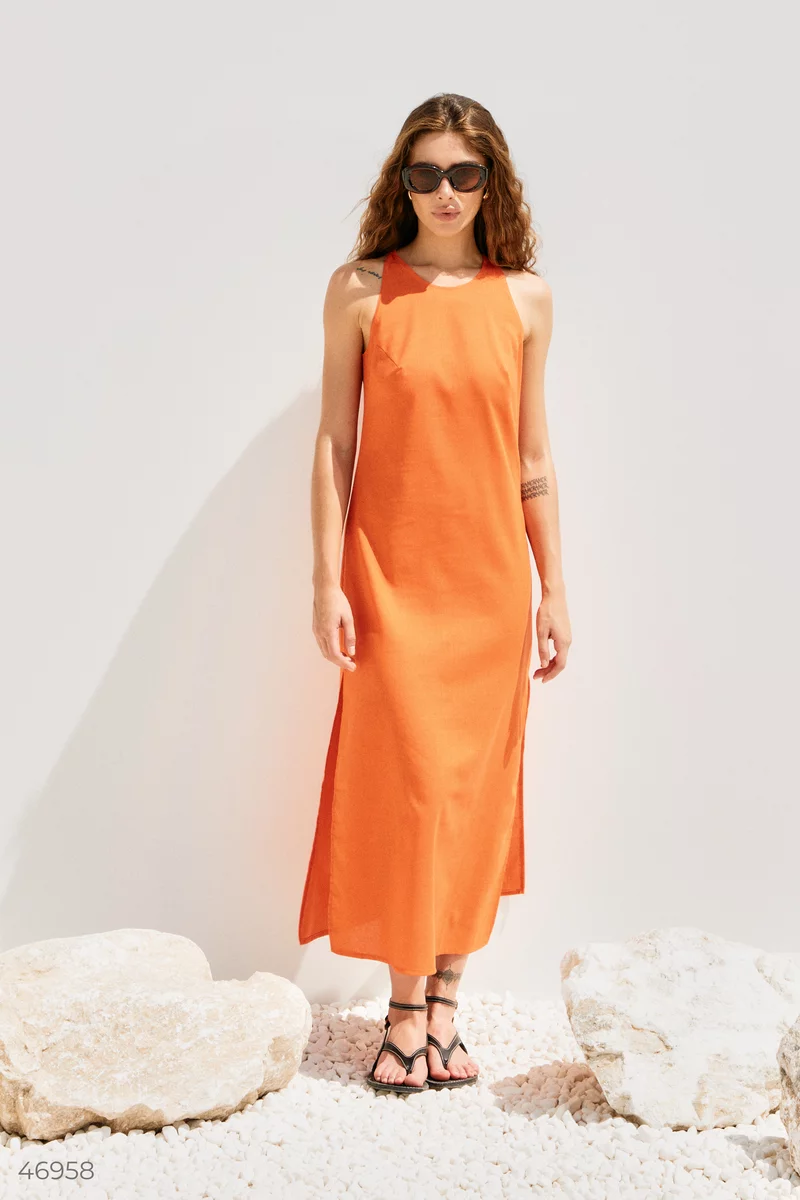 Оранжевое льняное платье с разрезами фотография 1