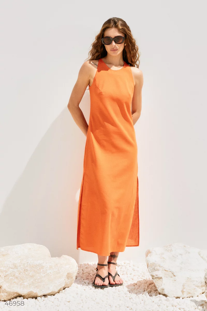 Оранжевое льняное платье с разрезами фотография 4