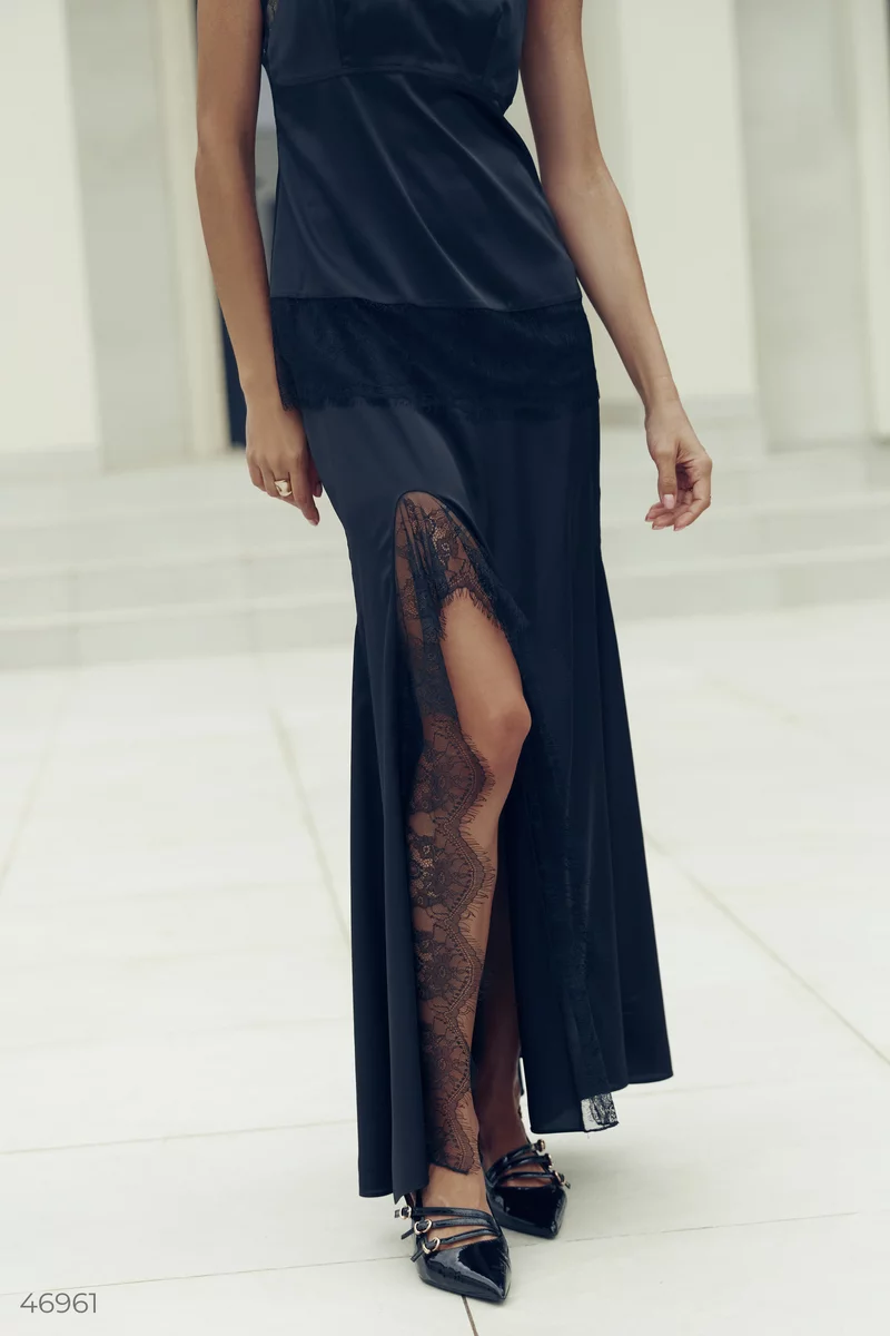 Black silk maxi skirt with lace photo 2