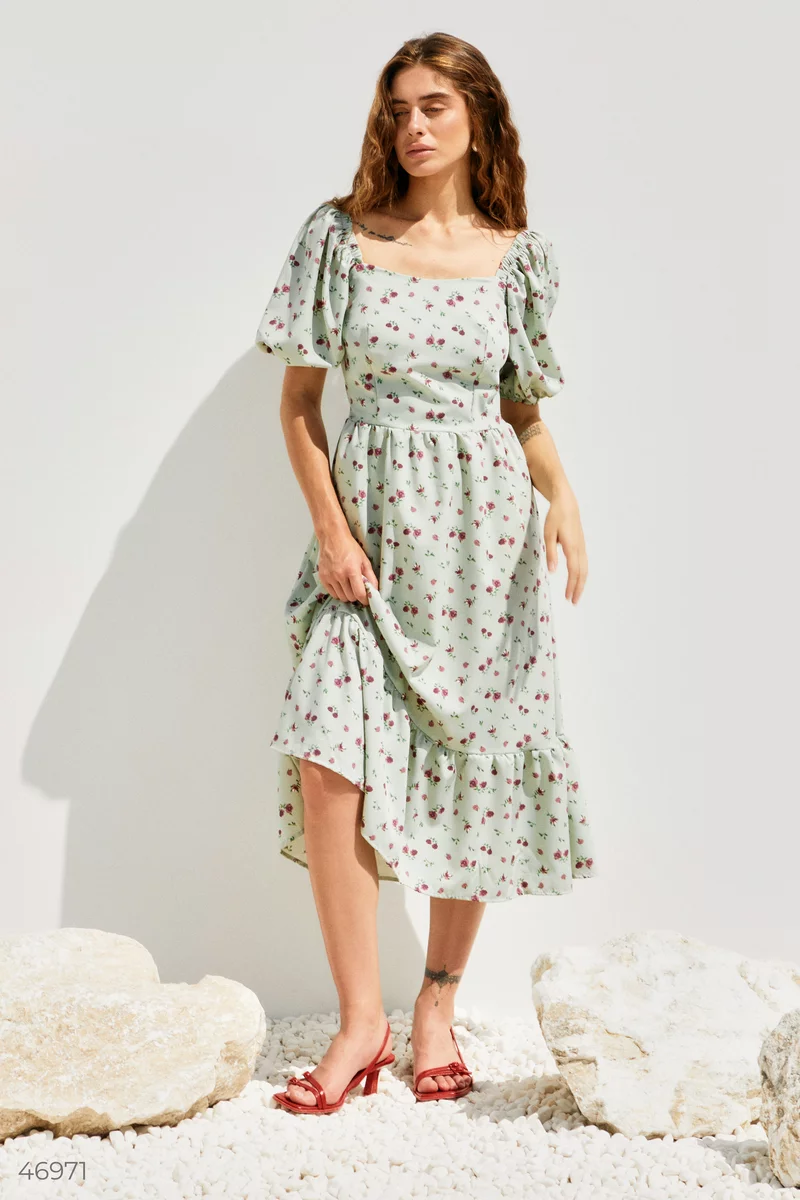 Pistachio midi dress with lantern sleeves photo 1