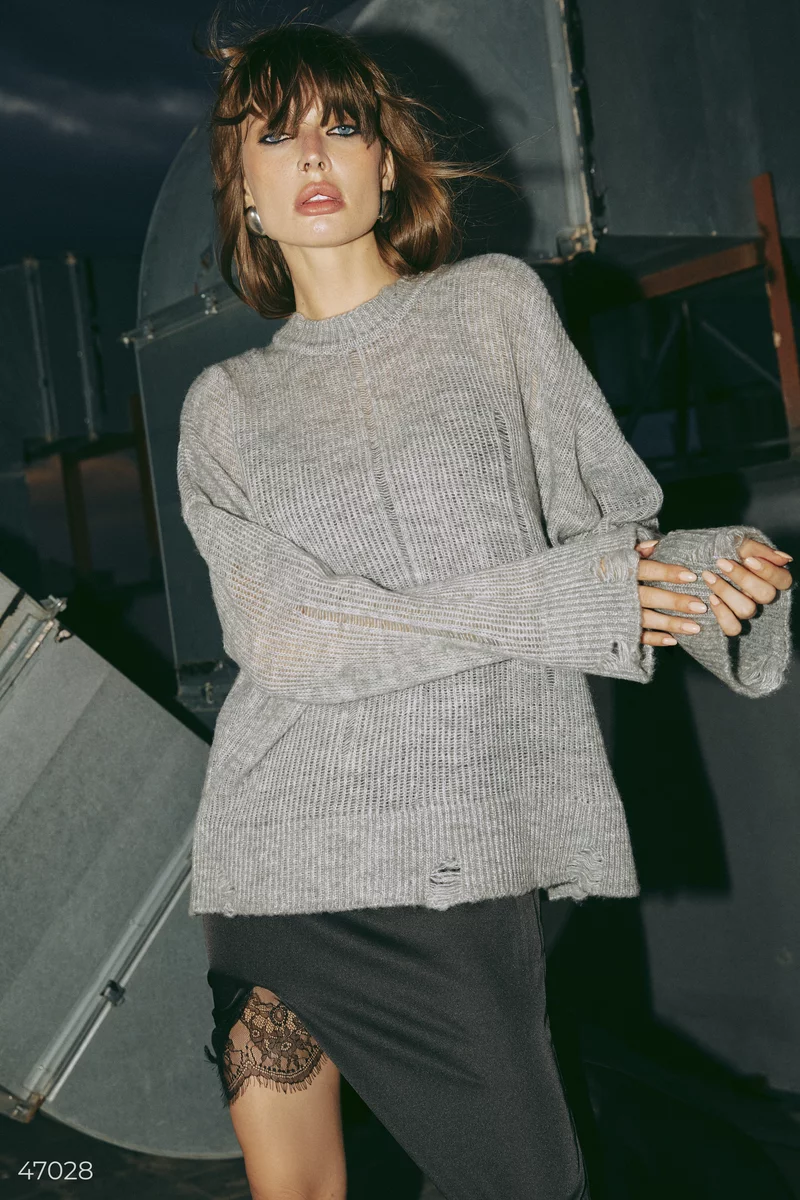 Long gray sweater with torn elements photo 2