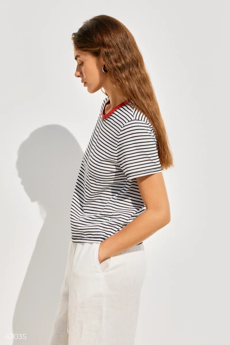 Basic striped t-shirt with a red collar photo 4