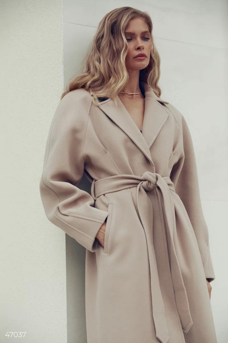 Beige long coat with a belt photo 1