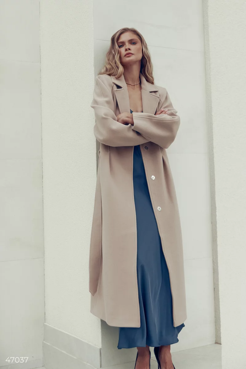 Beige long coat with a belt photo 3