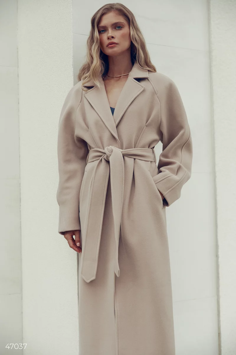 Beige long coat with a belt photo 4