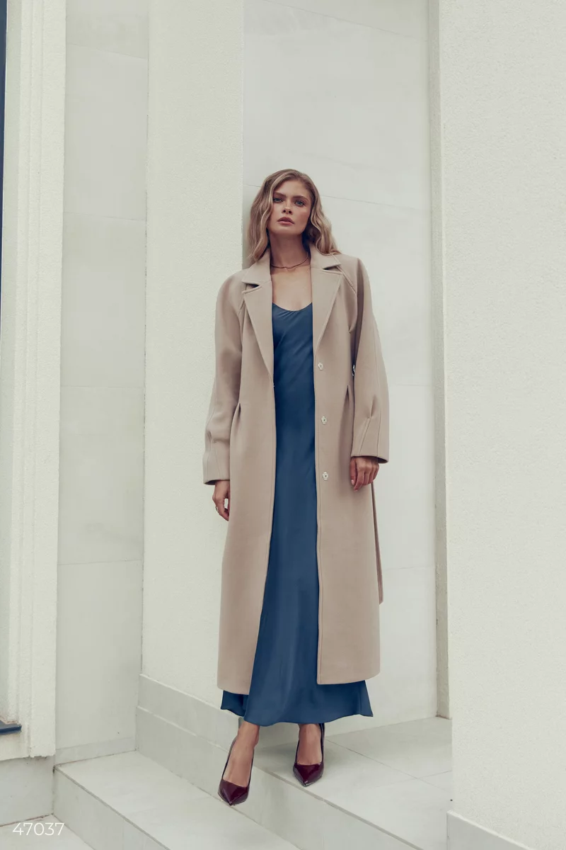 Beige long coat with a belt photo 5