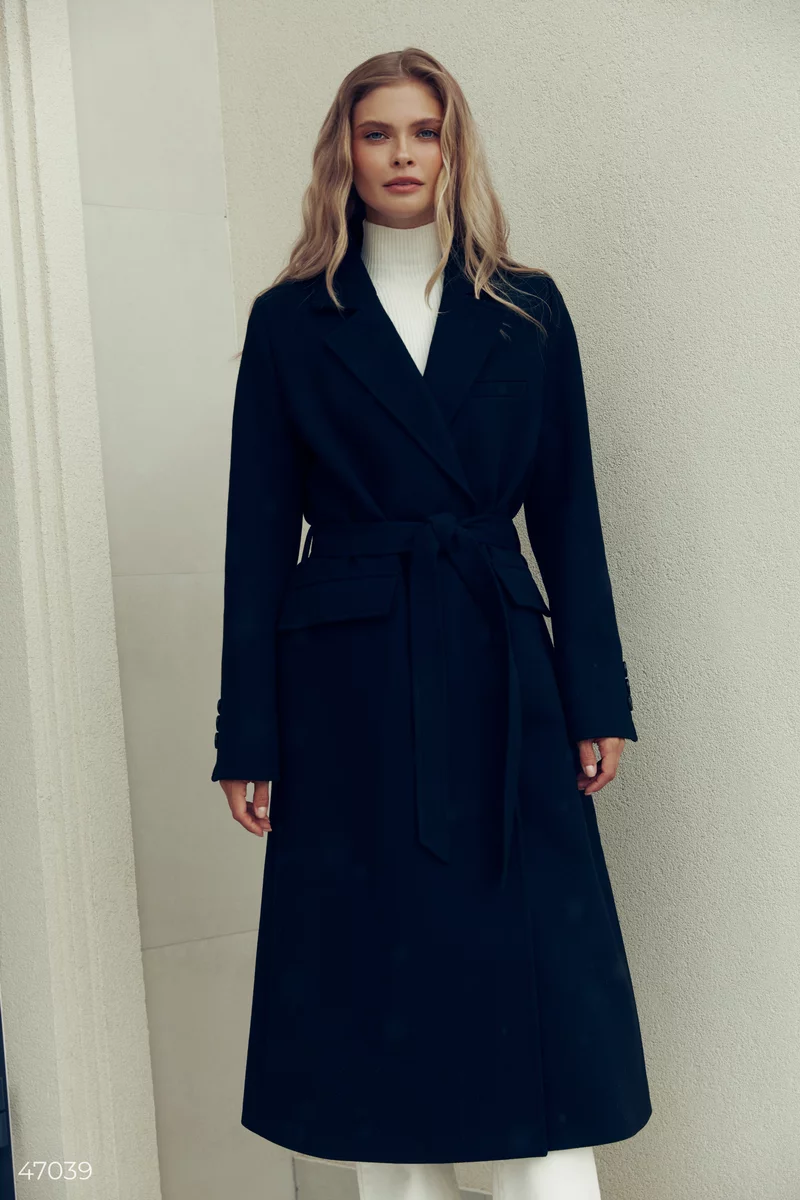 Black wool coat with a belt photo 1