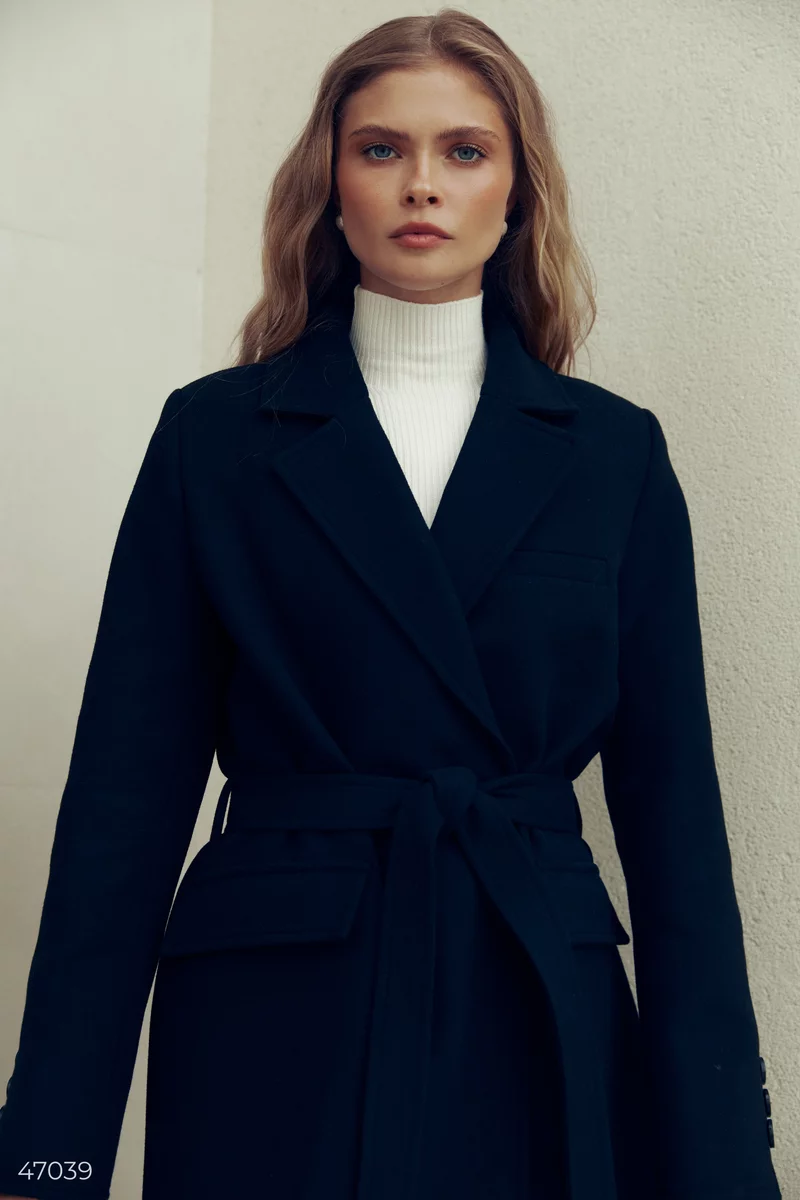 Black wool coat with a belt photo 4