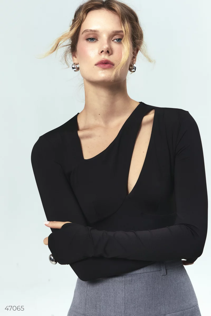 Black knitted bodysuit with an asymmetric neckline photo 1