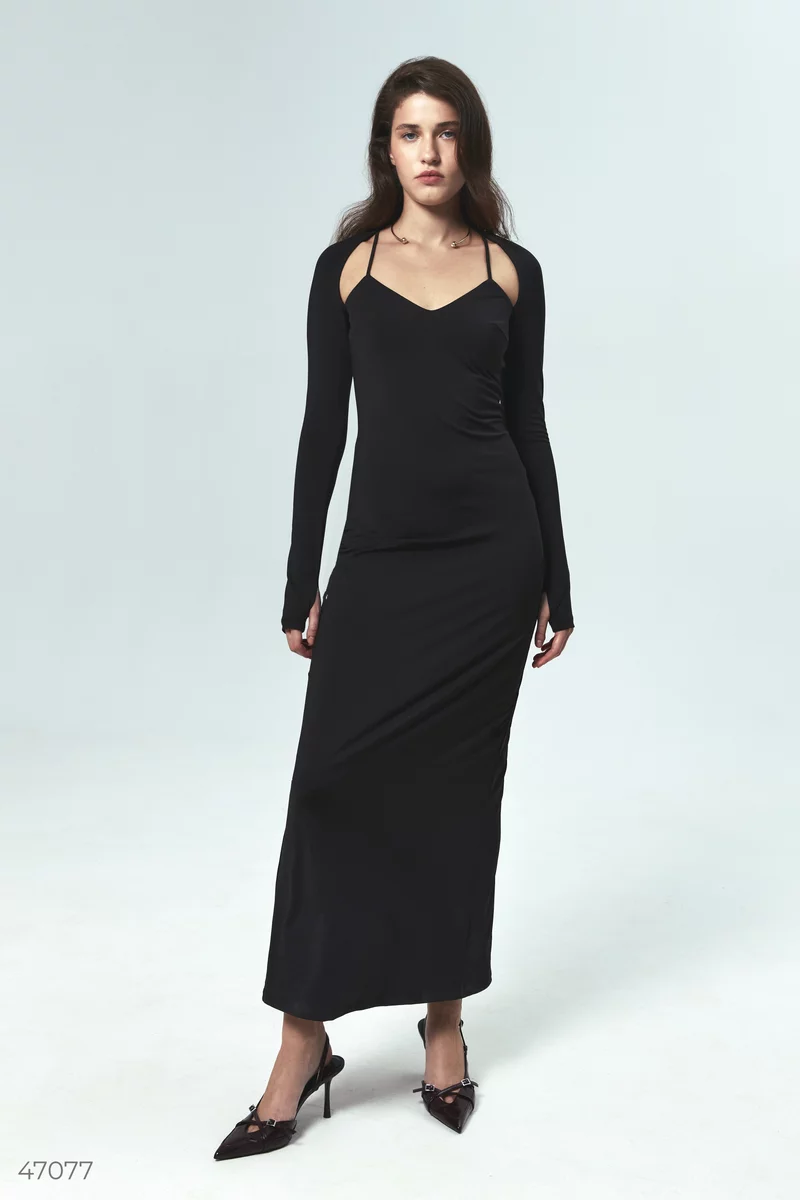 Black knitted maxi dress with straps photo 2