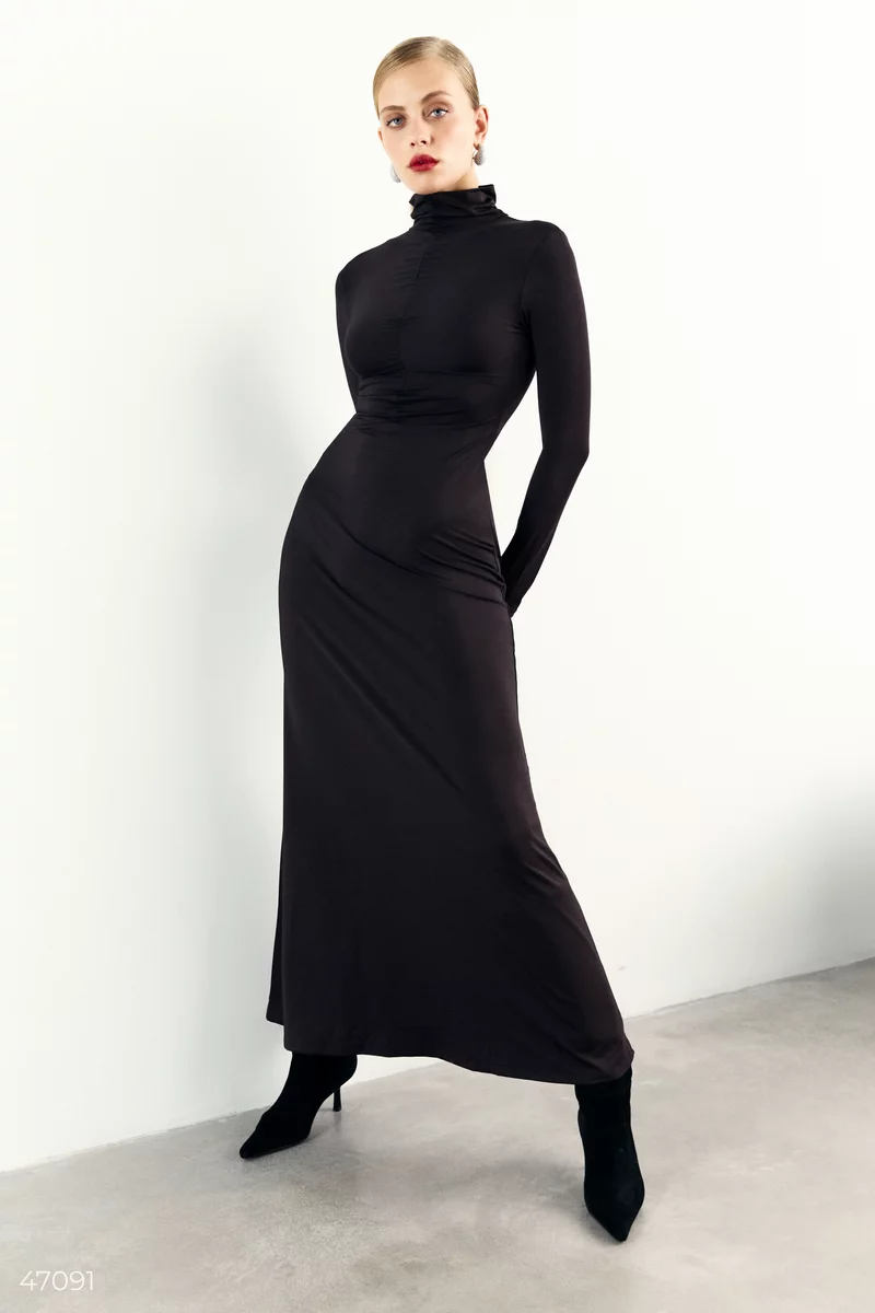 Black knit maxi dress with drape photo 1