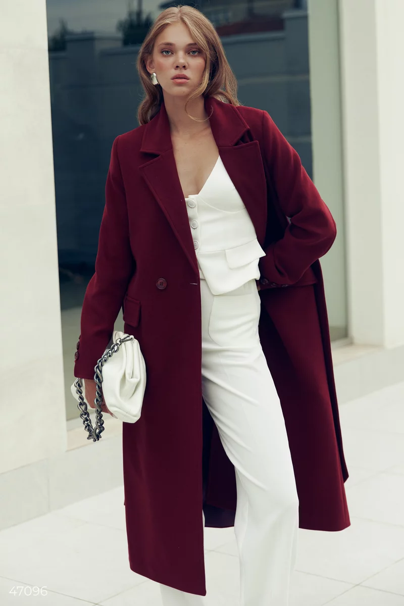 Woolen coat with a marsala belt photo 1