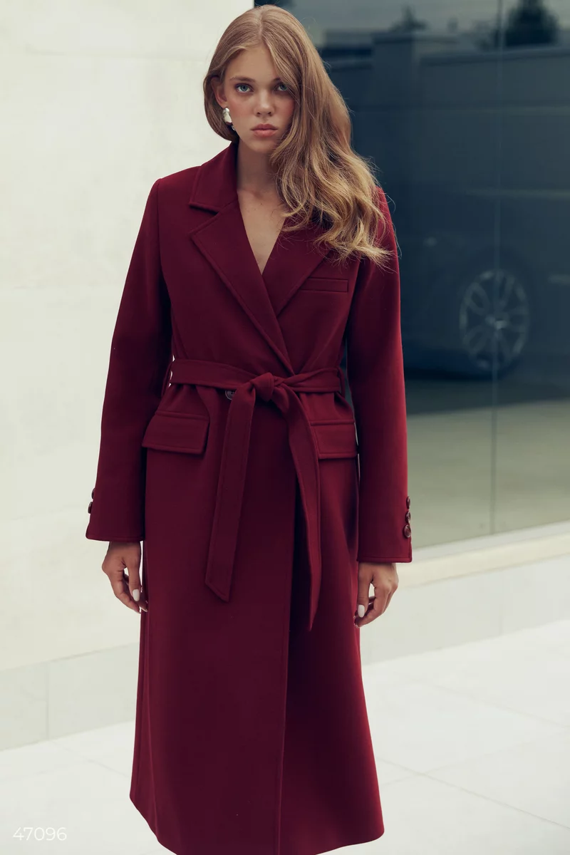 Woolen coat with a marsala belt photo 3