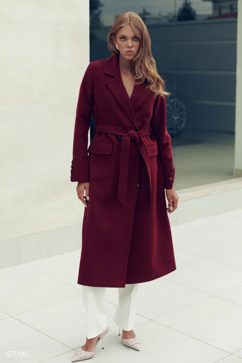 Woolen coat with a marsala belt photo 4